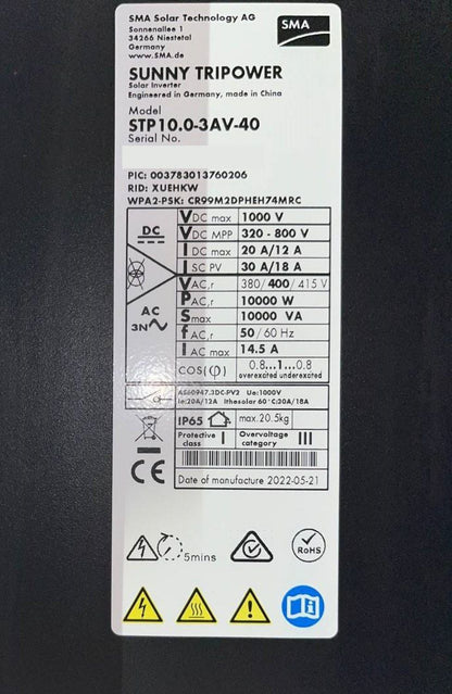 Solar Inverter SMA SUNNY TRIPOWER STP 10.0-3AV-40 10000W 10kW PV Grid Inverter 2mppt 380VAC Three Phase