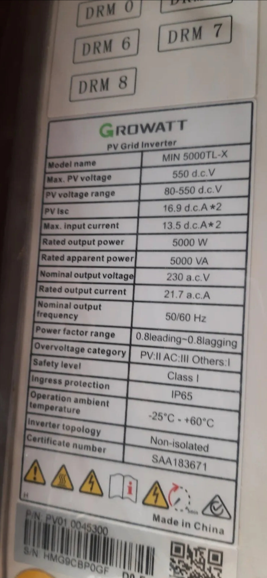 GROWATT MIN 5000TL-X 5000W 5KW SINGLE PHASE 230VAC WIFI PHOTOVOLTAIC INVERTER