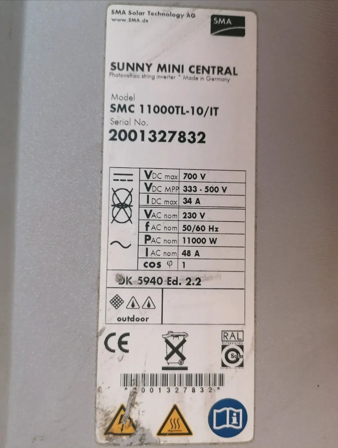 SMA Sunny MINI CEENTRAL SMC 11000TL 11kw Single Phase 230VAC 1mppt