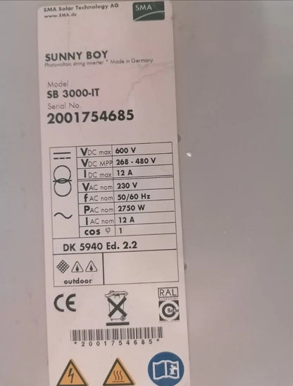 SMA Sunny Boy SB 3000-IT 3kw Single Phase 230v AV 3000W