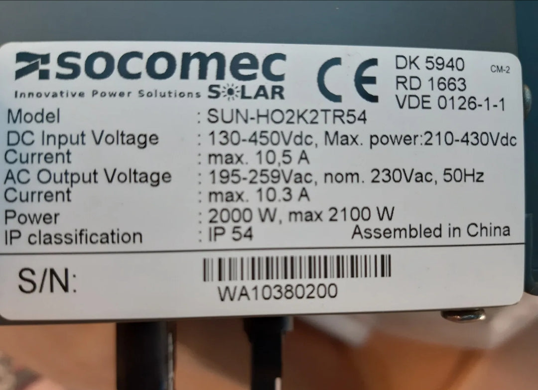 Socomec SUN-HO2K2TR54 2000W Single Phase PV Inverter New 2.1kw 230vac