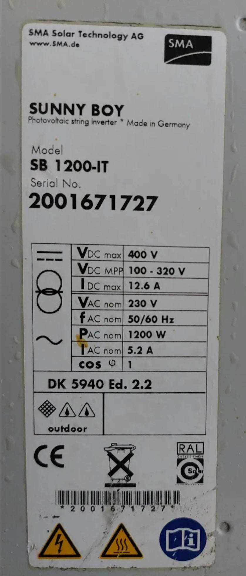 SMA Sunny Boy 1200-IT 1.2kW Single Phase 230VAC 1200W