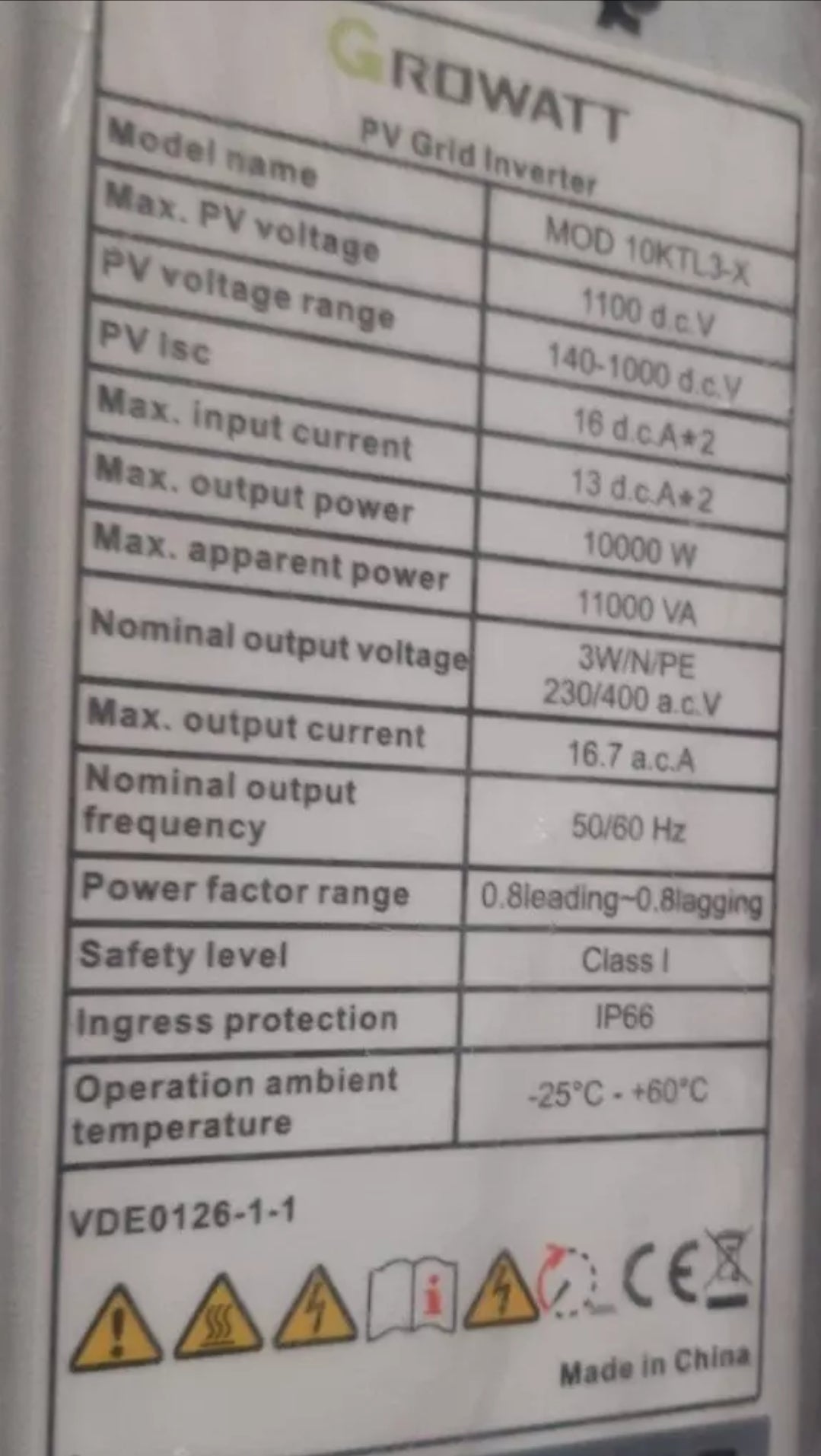 GROWATT MOD 10KTL3-X 10000W 10KW THREE-PHASE 380VAC WIFI PHOTOVOLTAIC INVERTER