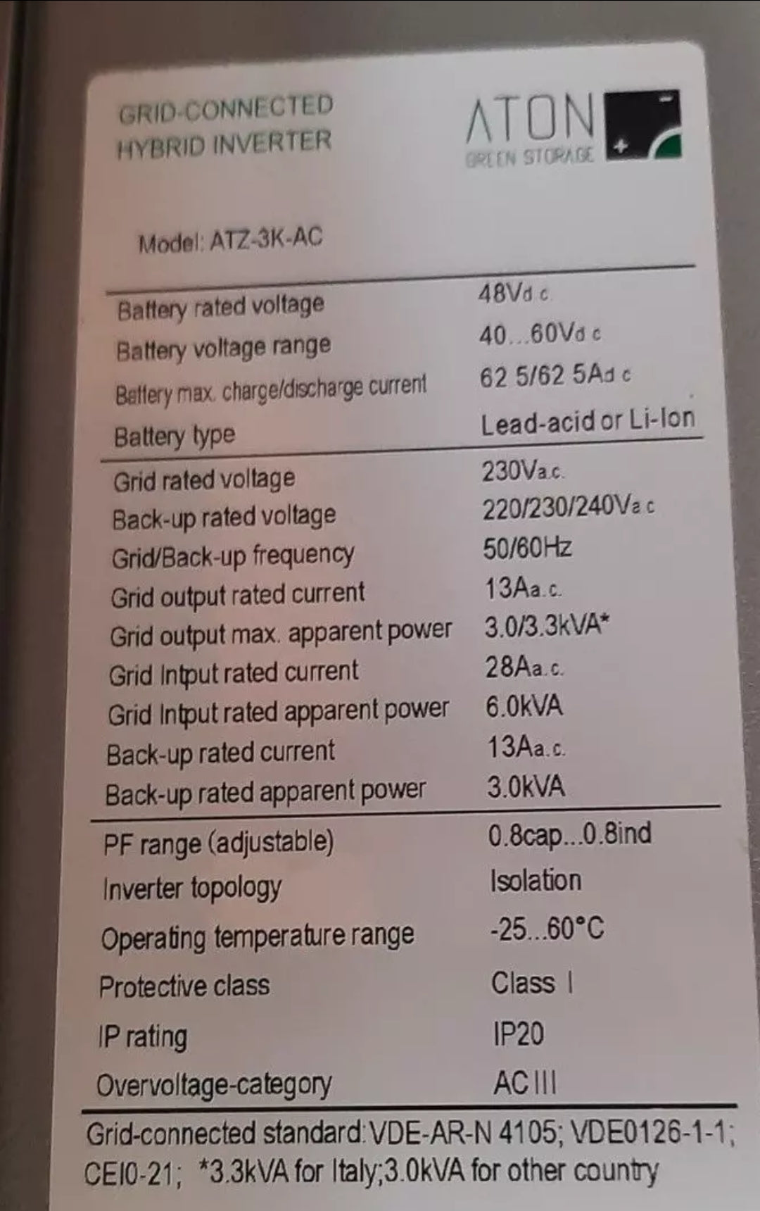 ATON SRL ATZ-3K-AC 3000W 3KW Single Phase 230vac HYBRID 48V Photovoltaic Inverter