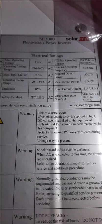 SOLAREDGE SE3000 3.0KW SOLAR EDGE 230VAC PHOTOVOLTAIC INVERTER