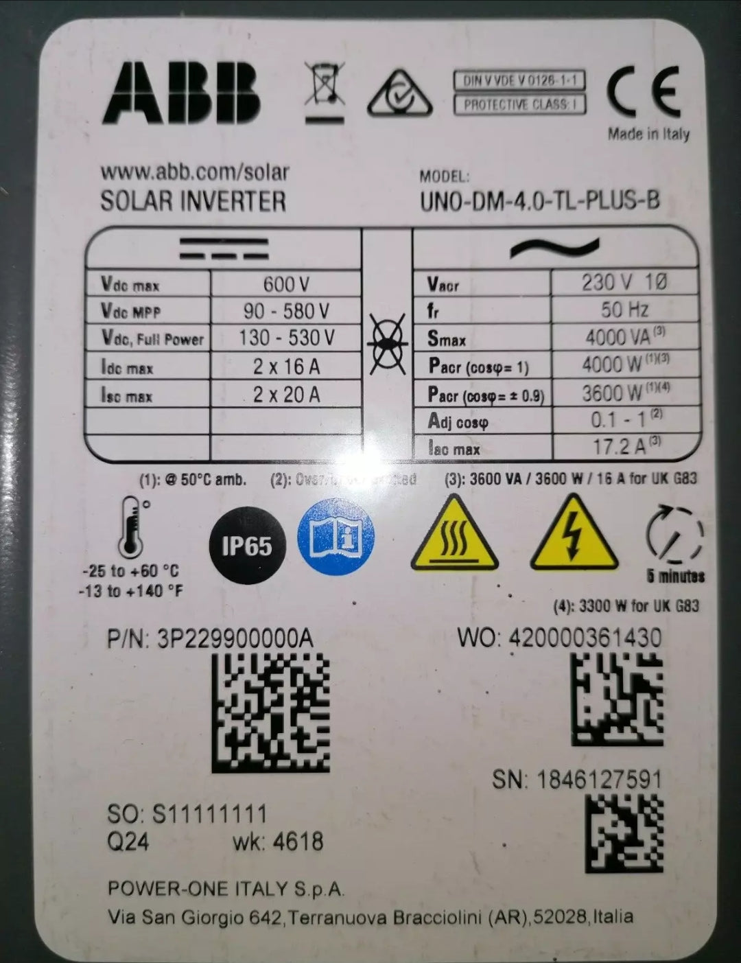 ABB UNO DM4.0 UNO-DM-4.0-TL-PLUS-B 4kW 4000W Single Phase 230VAC PV Grid Inverter