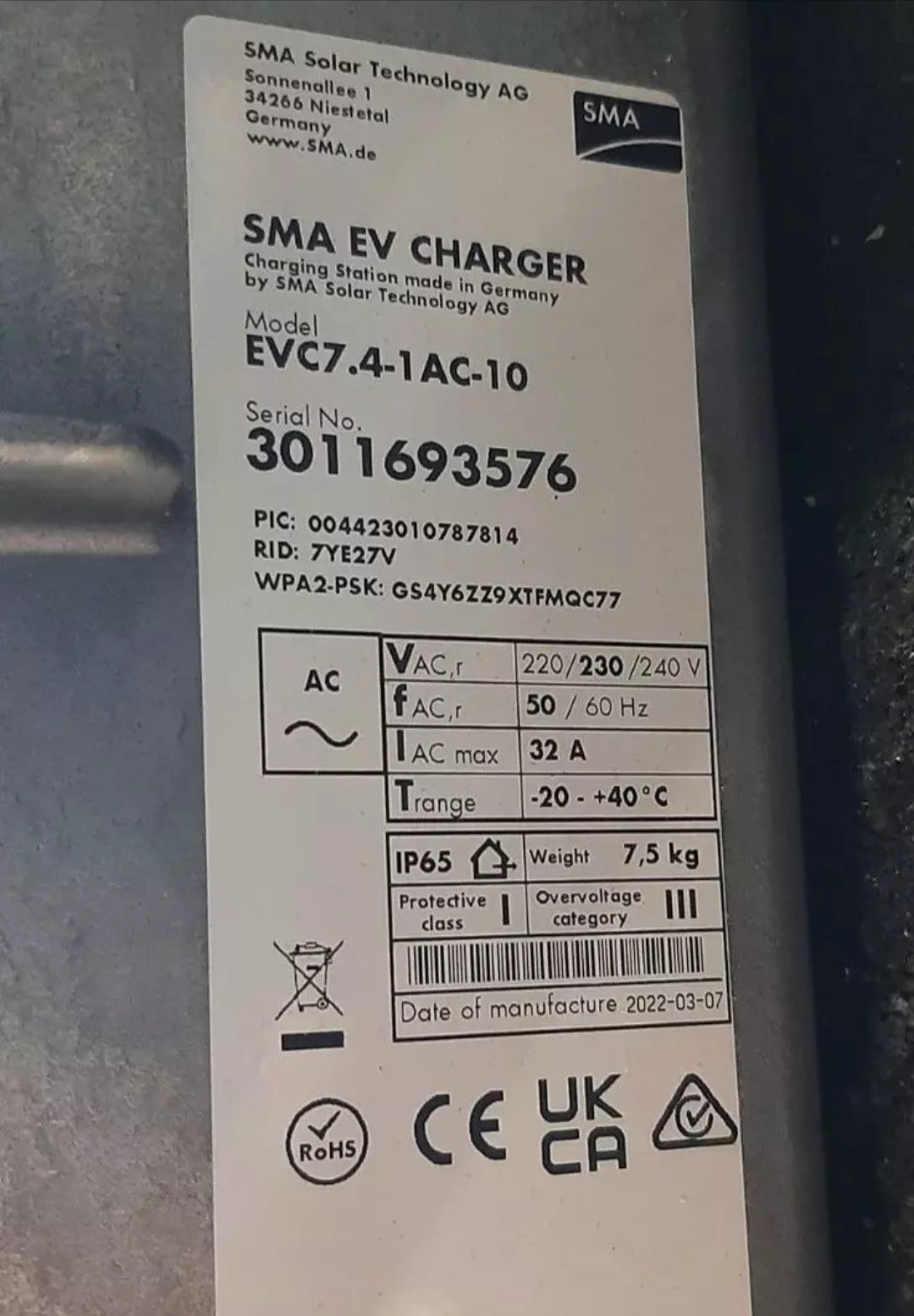 SMA EV CHARGER EVC7.4-1AC-10 ELECTRIC CAR CHARGER