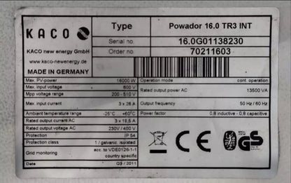 Kaco Powador 10.0 TR3 INT 16000W 600V 13500VA 50/60Hz Relay Card