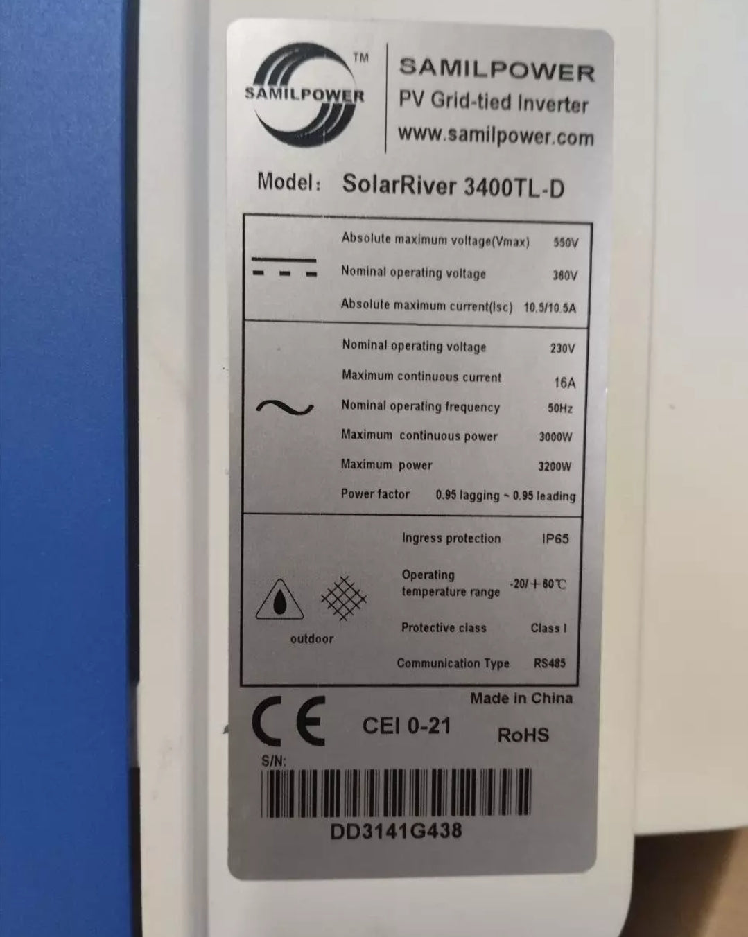 PV Grid-tied Inverter SAMILPOWER SolarRiver 3400TL-D 550V 3000W