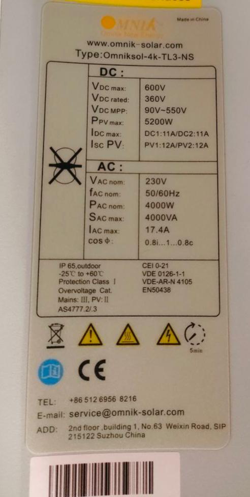 OMNIKSOL OMNIK SOL 4k-TL3-NS 4KW 4000w 2mppt 230VAC Single Phase WIFI PV Grid INVERTER