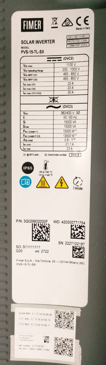 ABB FIMER PVS-15-TL-SX THREE-PHASE 380VAC 15000W 15kW PV Grid inverter