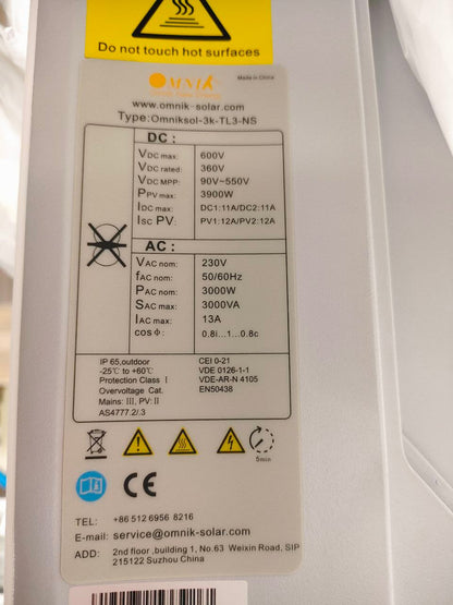 OMNIKSOL OMNIK SOL 3kW-TL3-NS 3KW 3000W 2mppt Single Phase 230VAC WIFI PV Grid INVERTER